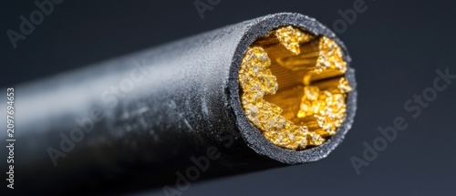 Detailed closeup of gold plated cable connector dark gray exterior technology image