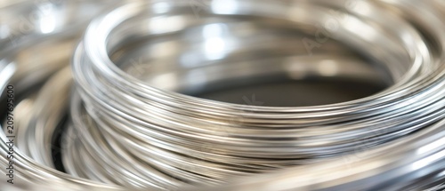 Close up shiny silver metal wire coil industrial manufacturing material texture background
