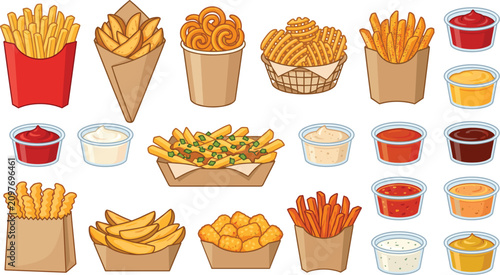 Tableau sur toile French fries and dipping sauce vector icon set for fast food restaurant menu lay