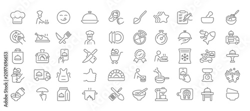 Kitchen and cooking line icon set – culinary tools, food preparation and restaurant equipment vector icons