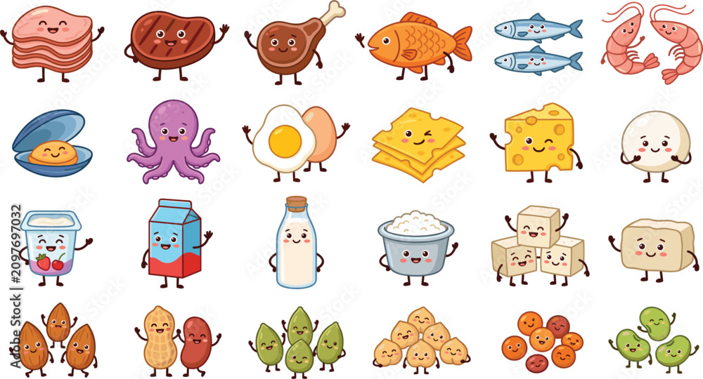 Obraz premium Cute high protein food sources vector icon set with kawaii meat, seafood, dairy and nutsCute high protein food sources vector icon set with kawaii meat, seafood, dairy and nuts