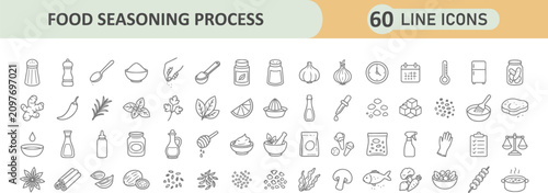 Schilderij op canvas Food seasoning and cooking process line icon set – culinary ingredients, spices