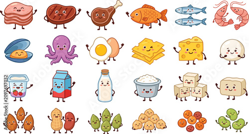Cute high protein food sources vector icon set with kawaii meat, seafood, dairy and nutsCute high protein food sources vector icon set with kawaii meat, seafood, dairy and nuts