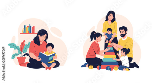 Happy families spending quality time together reading books and playing with colorful toys at home in a cozy and loving atmosphere.