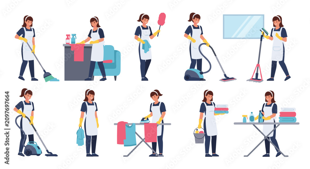 Fototapeta premium Collection of professional cleaning lady characters performs various household chores like vacuuming, mopping, and ironing for domestic service.