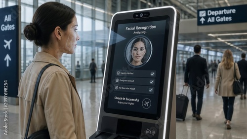 Woman stands near digital kiosk in airport terminal. Face recognition screen displays her photo and biometric data. Background shows travelers moving toward departure gates