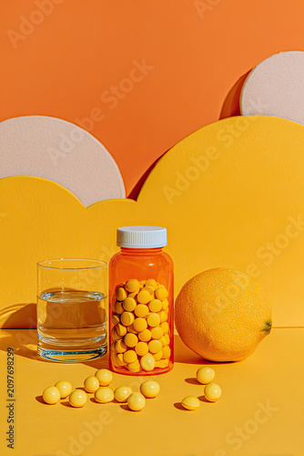 Orange bottle of vitamin pills next to a glass of water and a lemon.
