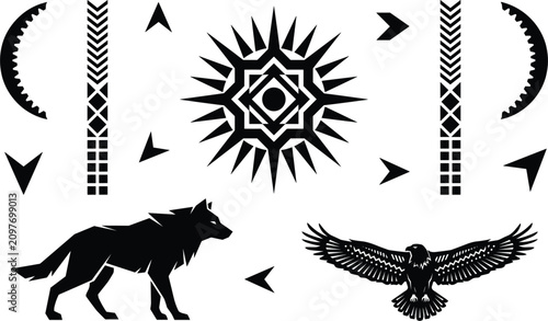Tableau sur toile Native American Style Tribal Tattoo Element Set with Black Silhouette Wolf Flyin