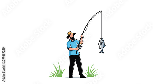 Happy fisherman standing outdoors with a fishing rod while successfully catching a large silver fish on his hook.