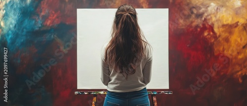 Woman facing blank canvas ready to paint abstract art studio background