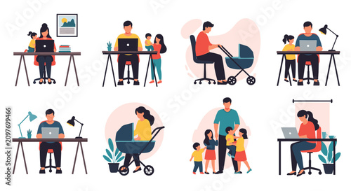Collection of parents balancing professional work on laptops while caring for their children in a home office.