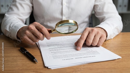 Quadro su tela Man in white shirt examining document with magnifying glass with desk using magn