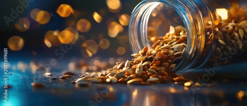 Golden seeds pouring from glass jar closeup macro photography bokeh background