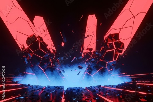 Abstract 3D Render Displaying Dynamic Neon Energy and Graphic Design