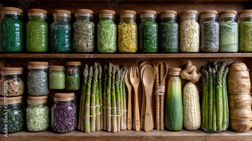 Organized Kitchen Pantry With Jars Of Spices And Fresh Vegetables.