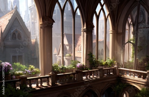 Ornate Gothic Architecture with Sunlight Streaming Through Arched Windows.