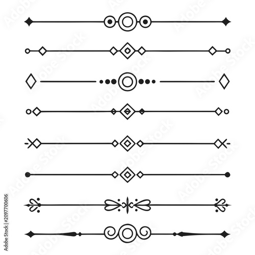 Assortment of elegant horizontal line dividers with geometric shapes flourishes and intricate ornaments for graphic design.