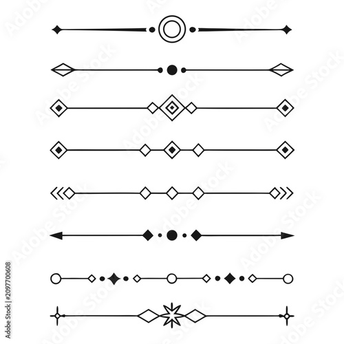 Set of nine decorative horizontal line dividers with geometric shapes arrows and ornaments for graphic design.