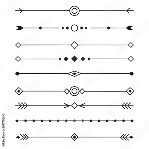Assortment of elegant horizontal line dividers featuring geometric shapes arrows and delicate ornaments for design.