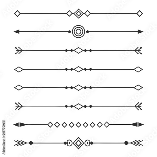 Varied collection of decorative horizontal line dividers with geometric shapes arrows and vintage ornaments for graphic design.