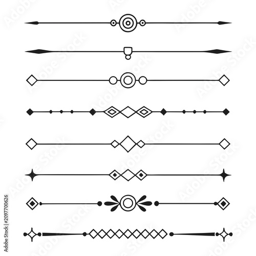 Eight diverse vector black dividers with geometric shapes and stylized elements, suitable for various design applications, including print, web, and book layouts.