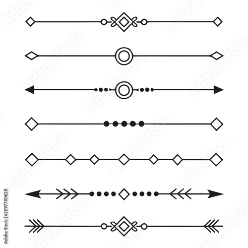 Collection of decorative horizontal line dividers with geometric shapes arrows and ornaments for graphic design.