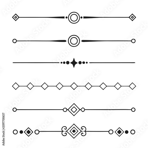 Collection of six black vector dividers with varied geometric elements, perfect for text separation and decorative accents in documents, web design, and print projects.