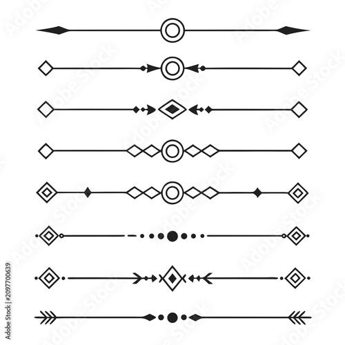 Geometric divider collection for professional document layout and creative graphic design including arrow and diamond shape ornaments for vintage and modern page formatting and elegant border lines.