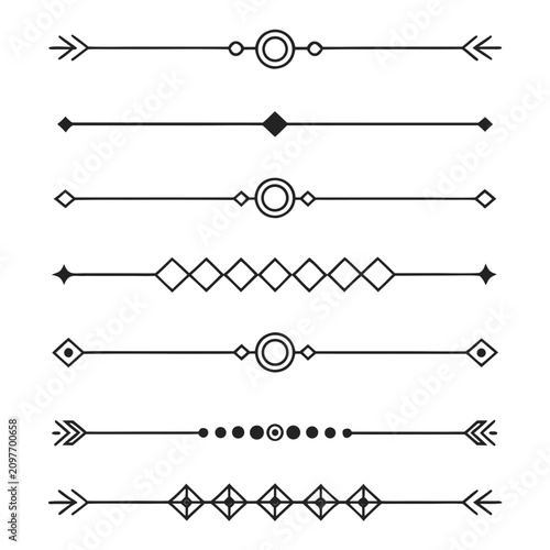 Symmetrical page separators and decorative line dividers featuring arrows and geometric diamonds for modern stationery and vintage document formatting including elegant border elements for layout.