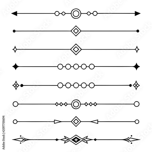 Minimalist decorative page dividers and ornamental design elements collection with vintage style border lines including geometric symbols for retro document headers and elegant wedding stationery.