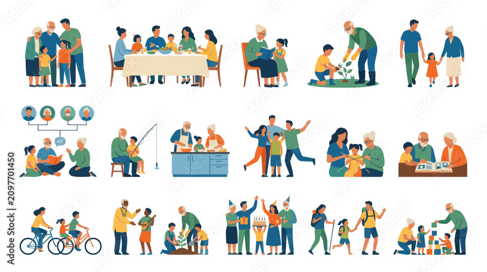 Fototapeta premium Flat vector illustration of family generations engaging in diverse lifestyle activities, from childhood to old age