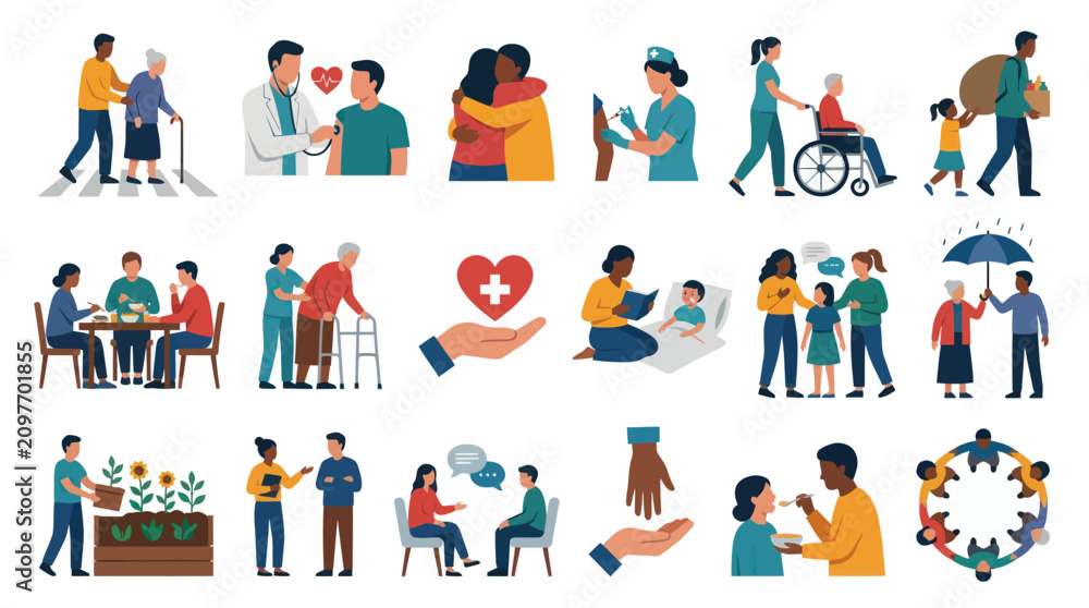 Fototapeta premium Flat Style Illustrations of Healthcare and Community Support Services