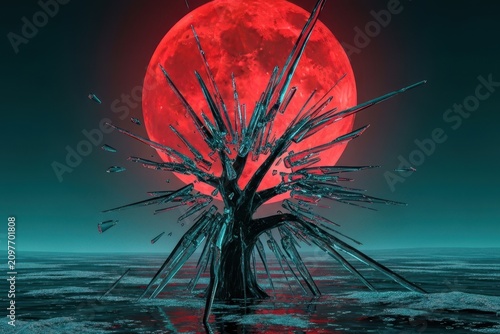 Crystalline Tree Stands Jagged Against Red Moon Landscape