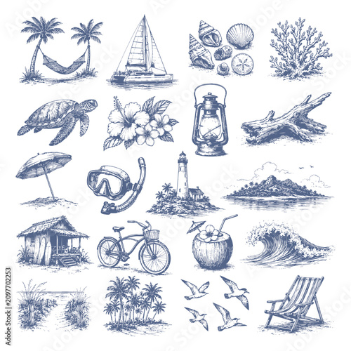 Beach and Summer Sketch Elements Set