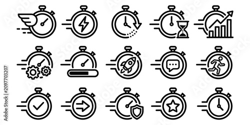 Collection of sixteen stopwatch icons with various symbols.