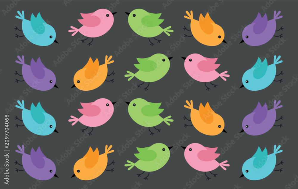Naklejka premium A modern and stylish seamless pattern featuring colorful cartoon birds arranged in a grid set against a sophisticated dark gray background. This high-quality vector illustration is ideal.