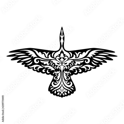 Intricate tribal phoenix silhouette with spread wings, featuring ornamental floral patterns in a symmetrical vector style. A bold mythical bird emblem suitable for logos, tattoos, apparel, branding, a
