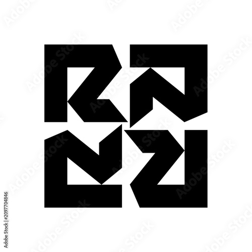 R, abstract geometric black and white symmetrical pattern featuring bold angular shapes arranged in a modern square composition. This minimalist vector design combines sharp lines, negative space