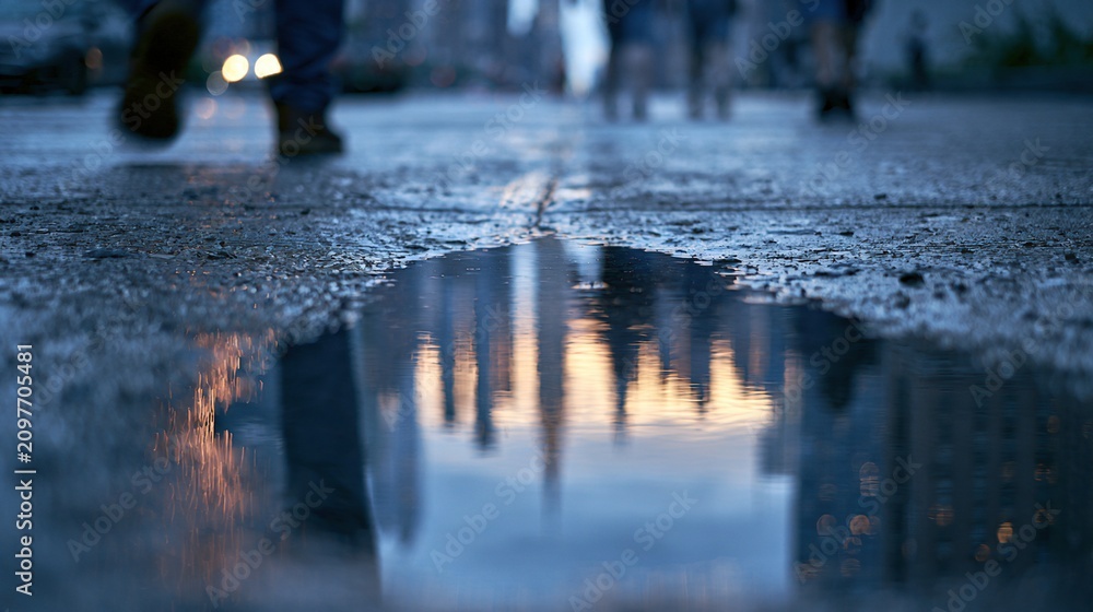 Fototapeta premium City skyline reflected in rain puddle on wet sidewalk