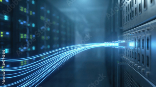 Blue light streaks converging cable in data center with server racks and network connection glowing in dark room
