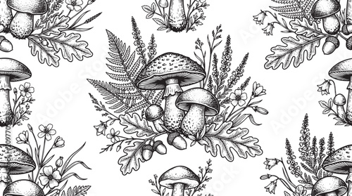 Wild forest mushroom and oak leaf bouquet seamless pattern