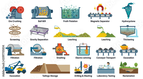 Mining and Metallurgy Industry Processes Flat Icons Set. Mineral Processing, Extraction, and Reclamation Vector Illustrations.