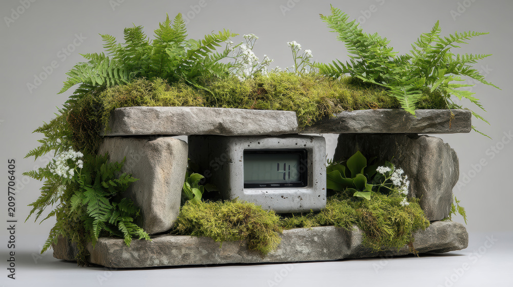 Fototapeta premium Stone moss fern digital clock ancient green foliage nature wildflower create digital clock surrounded by moss ferns and wildflowers blending