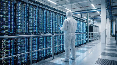 Engineer inspecting AI server wall in data center with protective suit and tablet, futuristic technology environment