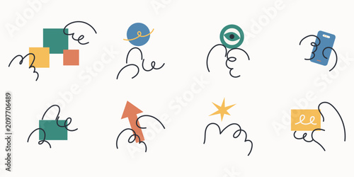 Business. Hand drawn line icon set featuring hands with shapes, globe, magnifier, phone, arrow and star, ideal for business design elements.
