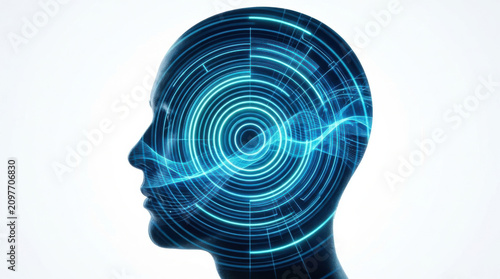 Faceless head with signal rings and digital wave, futuristic technology concept with blue glowing lines