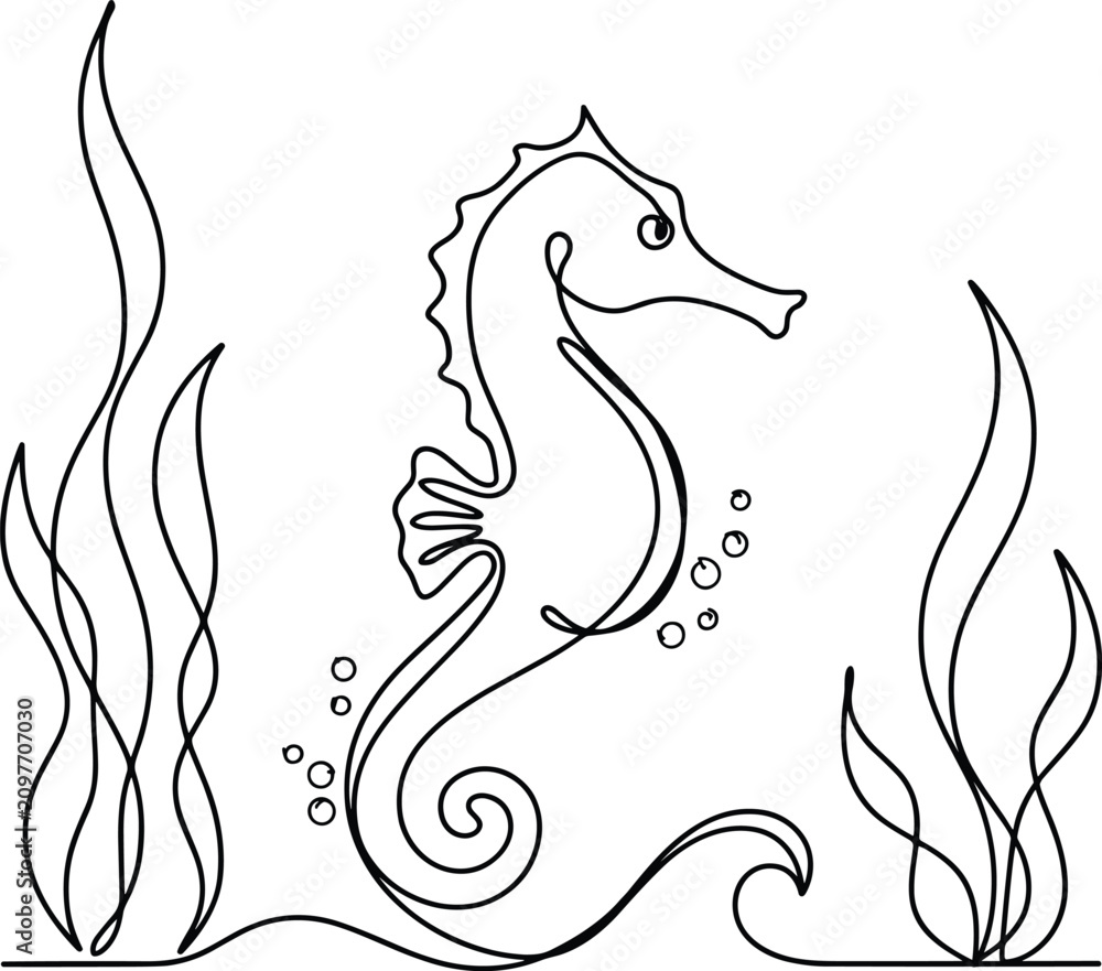 Obraz premium Seahorse and seaweed, continuous single line ocean