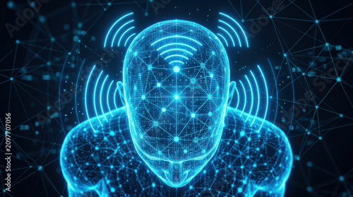 Digital human head with network connections and wireless signals, symbolizing technology and communication innovation