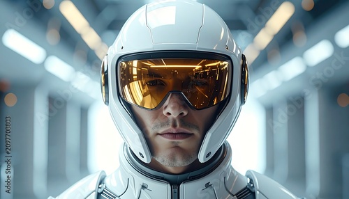 A futuristic astronaut in a sleek white spacesuit and helmet with gold visor