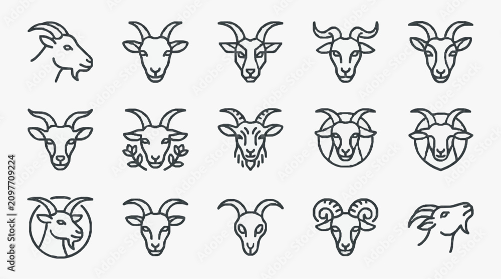 Fototapeta premium Minimalist Black and White Line Drawing Collection of Goat and Ram Heads in Various Styles and Expressions